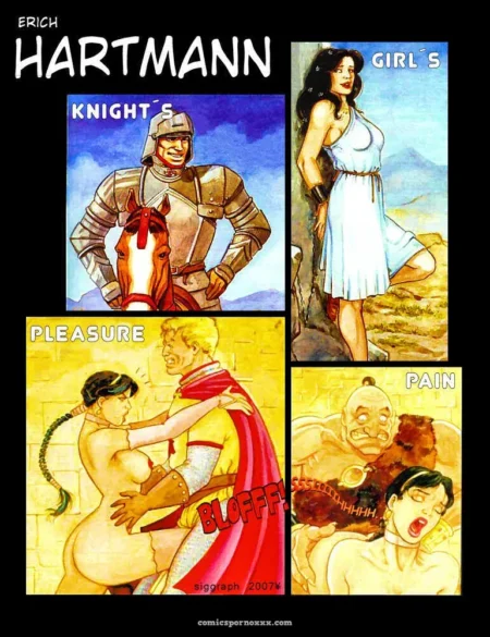 Mujer desnuda con trenza folla a caballero en capa roja; hombre con cadenas penetra a mujer gritando en escena dolorosa