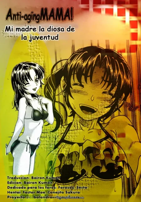 Mujer sudorosa en top amarillo ajustado con senos rebosantes, otra en bikini blanco y ropa interior en pose erótica.