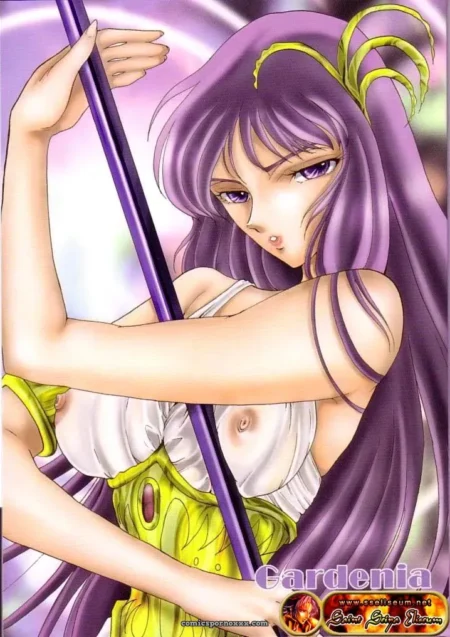 Gardenia pelo morado largo, top blanco ajustado, pechos expuestos y erectos sujetando un poste púrpura con ambas manos.