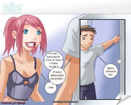 Mujer de pelo rosa en sujetador morado con senos grandes y duros mientras un hombre abre la puerta de un club sexual