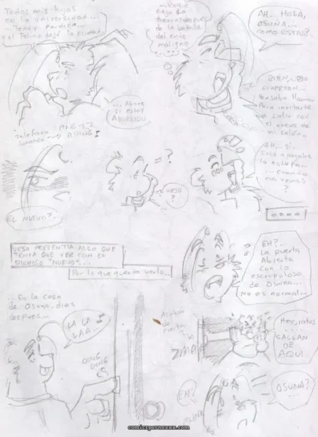 Hombre con pene erecto frotando senos de mujer mientras otro mira su polla dura en viñetas cómic obsceno con diálogos soeces