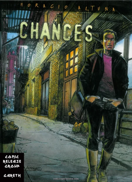 Hombre con pantalones ajustados, manos metidas en la bragueta en callejón urbano con luces neón y edificios de ladrillo.