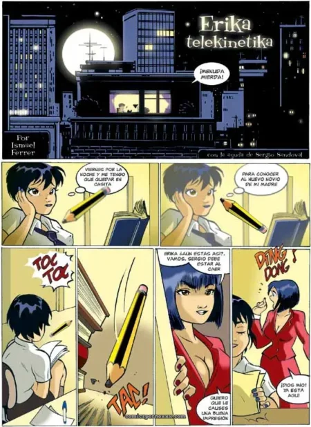 Erika en vestido rojo ajustado, senos al descubierto, telequinéticamente folla con lápiz: ¡Vamos quiero follar!