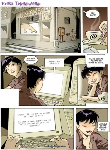 Erika Telekinetika se masturba en el cybercafé mientras chatea en una web porno, con el café derramándose.