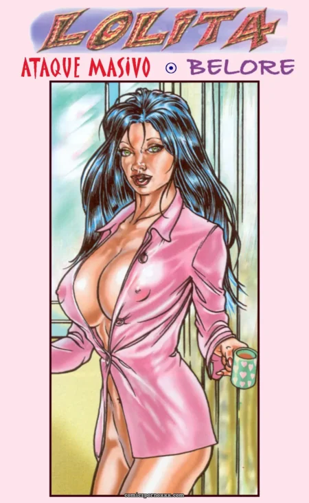 Lolita Ataque Masivo Belore con camisa rosa abierta, pechos al aire, cabello azul largo y taza en mano, piernas expuestas
