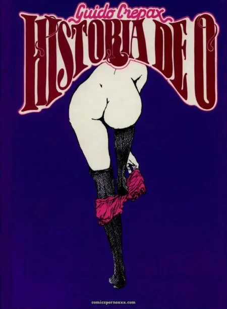 Mujer desnuda de espaldas con medias negras y ligas rojas, sostiene rosa mientras se excita en portada de Historia de O