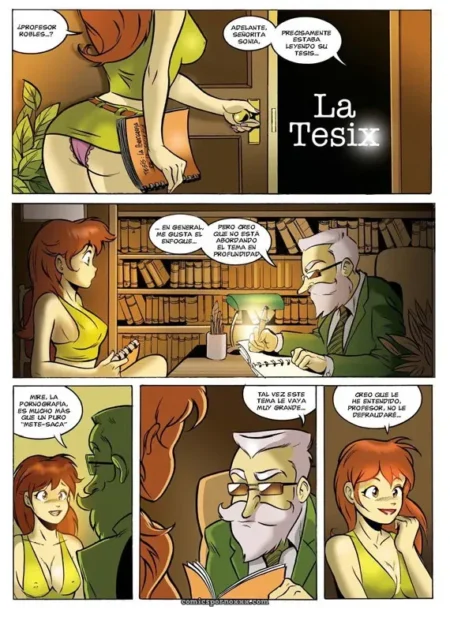 Mujer en vestido verde levanta falda mostrando coño mientras profesor de traje verde la folla en biblioteca con libros