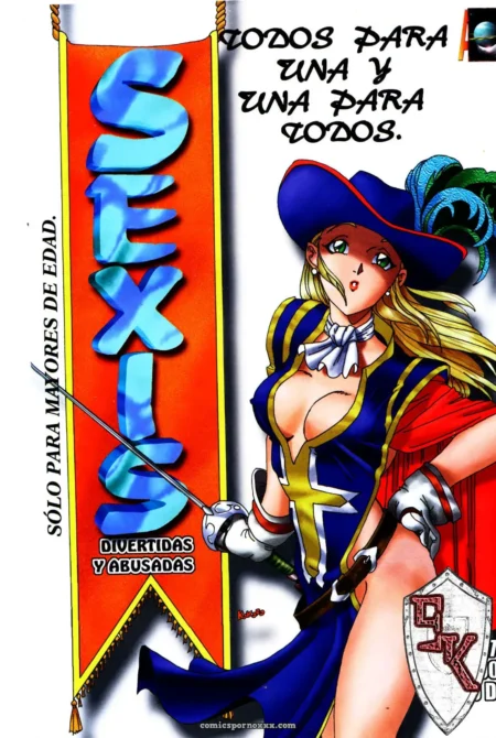 Mujer en vestido azul y rojo con escote profundo, piernas al descubierto, sombrero plumado, espada en mano, texto SEXIS divertidas y abusadas 27.