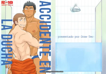 Dos hombres musculosos en ducha, uno con toalla naranja abrazando al de calzoncillos azules en escena erótica R-18 de Accidente En La Ducha por Draw Two
