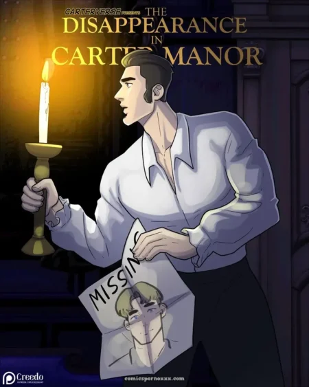 Hombre con camisa abierta sostiene vela y cartel de desaparecido, ansioso por follarlo en pasillo oscuro de Carter Manor
