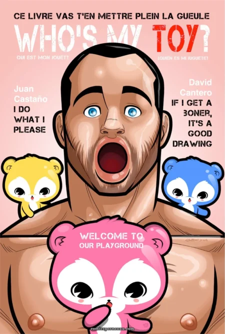 Hombre musculoso con boca abierta y pezones erectos entre osos coloridos, listo para ser juguete sexual en playground