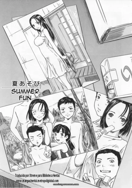 Mujer con vestido levantado exhibiendo bragas, jóvenes en poses sexuales en paneles de Natsu Asobi Primos Vol.1