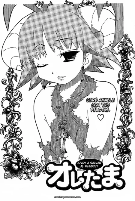 Top rasgado mostrando pechos con texto SERÉ AMABLE CON TUS PELOTAS en pecho, manga Ore Tama y bordes ornamentales.