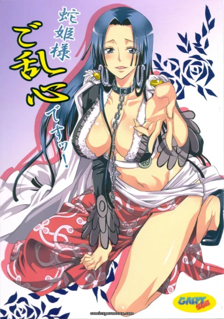 Hebihime-sama con pechos al aire, falda roja abierta, cadena en cuello, dedos en vagina y rosas azules al fondo