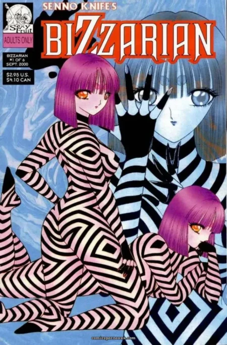 Mujeres en bodys rayados negro y blanco, una arrodillada con piernas abiertas y caderas marcadas, otra con mano en rostro en escena sexual explícita