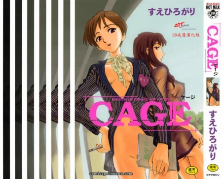 Mujer en traje pinstripe fumando, pechos al descubierto, otra en ropa transparente con dedos entre piernas, jaula