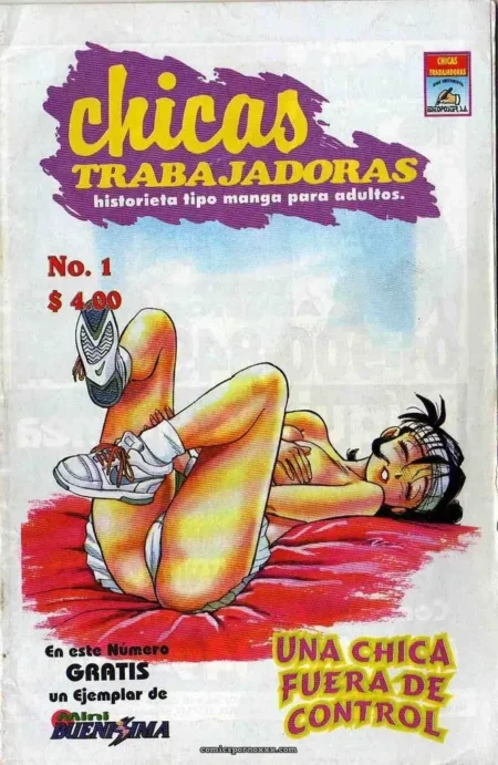 Chicas Trabajadoras Vol.1: Mujer con headband y zapatillas blancas en pose explícita sobre rojo, manga para adultos $4.