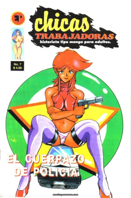 Chica pelirroja top rojo ajustado, piernas abiertas en moto policial con pistola y bragas moradas Chicas Trabajadoras 07