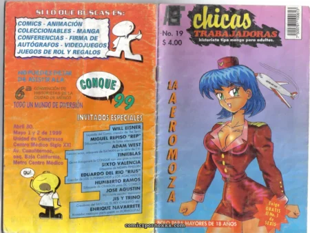 Aeromoza de cabello azul en uniforme rojo ajustado con escote profundo exponiendo senos y falda corta revelando muslos en Chicas Trabajadoras Vol.19