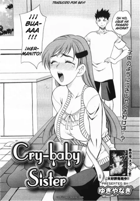 Sevi con falda corta, sostén ajustado, piernas abiertas llorando, chico mira vulva húmeda en Cry-baby Sister.