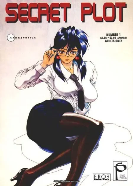 Mujer de cabello azul con gafas ajusta lentes en camisa blanca ajustada, falda corta, medias negras y tacones altos, piernas en pose erótica