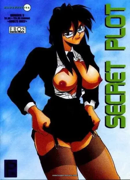 Mujer en traje con camisa abierta y senos al descubierto, minifalda y medias con liguero en portada Secret Plot 5