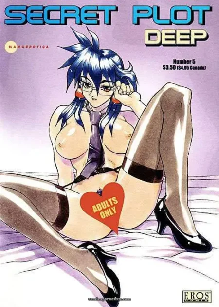 Mujer de cabello azul con lentes, senos grandes, top morado, medias negras con ligas, tacones y corazón Adults Only sobre su vagina.