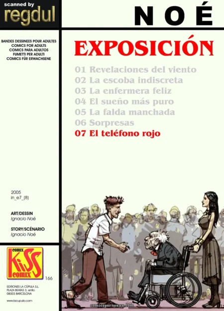 Un hombre con camisa blanca folla a una mujer en vestido mientras un anciano en silla de ruedas mira excitado en la exposición de Noé