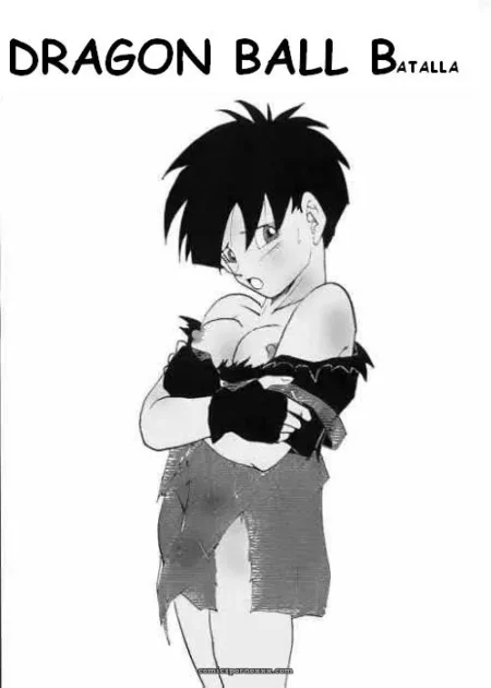 Dragon Ball Batalla: mujer con pechos grandes, ropa rota y guantes negros apretando senos en pose sexual explícita.