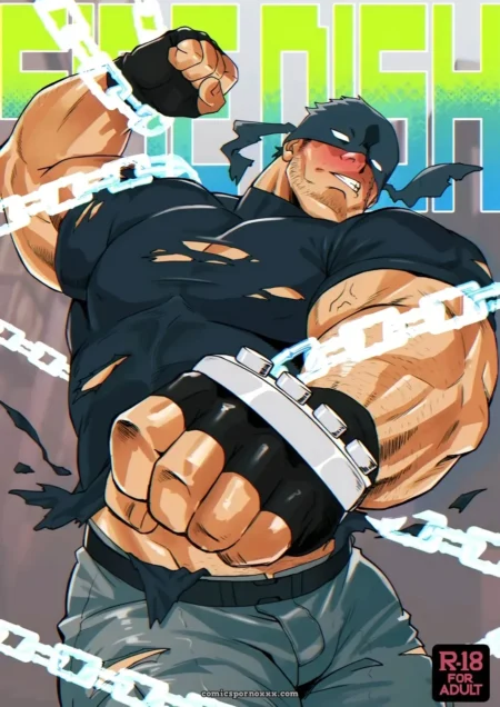 Musculoso torso con camiseta negra rasgada, cadenas en muñecas y cintura, pantalones ajustados mostrando erección.