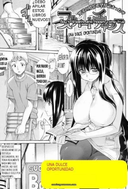 Mujer de gafas camisa abierta con pechos grandes en librería chico pide ayuda apila libros con senos erectos