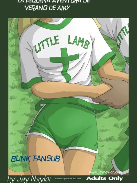 Camiseta Little Lamb blanca con cruz verde, shorts verdes ajustados, mano explorando muslo en campamento
