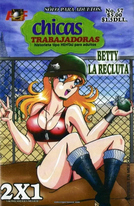 Betty La Recluta de cabello naranja, casco verde, sujetador rojo, botas negras y granada, piernas abiertas en reja.