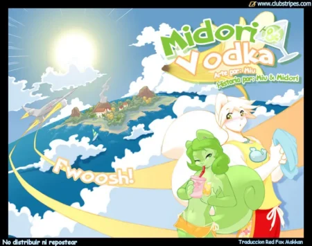 Midori y Vodka posan juntos en una playa soleada con ropa ligera y sugerente.