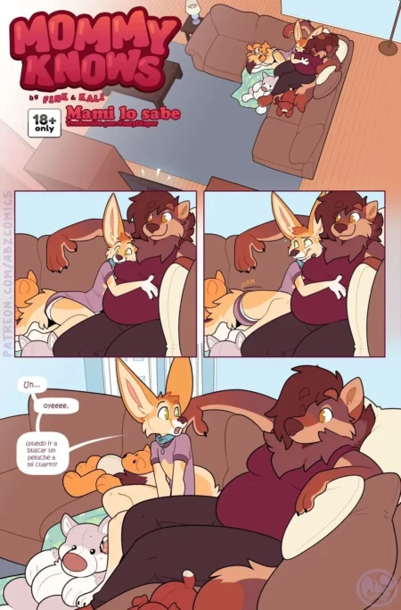 Furry ABDL erótico de Mami Lo Sabe con zorro adulto usando pañal mientras descansa en el sofá con su pareja.