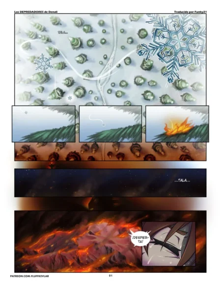 Cómic Los Depredadores de Denali con paisajes nevados, fuego y primer plano de rostro masculino despertando.
