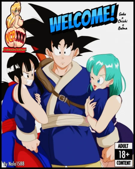 Goku abrazado por Bulma y Chichi mientras ellas le masturban el pene a través de los pantalones.
