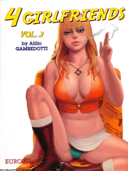 Mujer rubia con top naranja ajustado y bragas blancas fumando un cigarrillo sentada con las piernas abiertas.