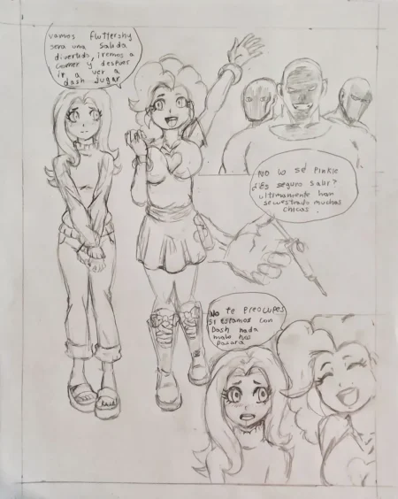 Dibujo a lápiz de Fluttershy y Pinkie Pie humanas hablando mientras tres hombres calvos las observan con deseo sexual.