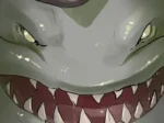Primer plano de un monstruo gris con dientes afilados y mirada lasciva en una escena sexual explícita.