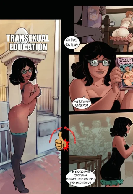 Mujer trans con gafas, pechos grandes y pene erecto usando lencería negra y medias altas en un cómic erótico.