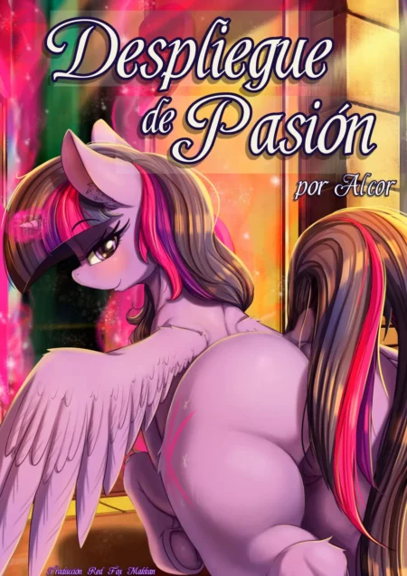 Pony morada con crin negra y rosa posando de espaldas resaltando sus glúteos grandes y firmes.