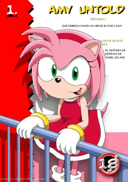 Amy Rose con vestido rojo corto apoyada en una barandilla azul en la portada de Amy Untold episodio 1.