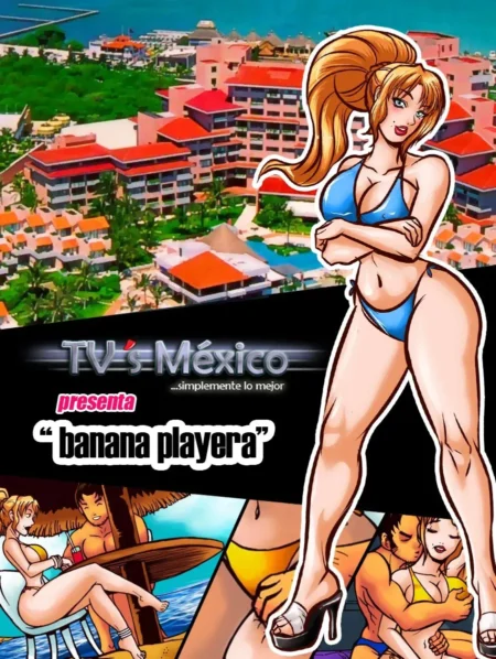 Mujer rubia con bikini azul ajustado y tacones posando frente a un resort tropical con escenas de sexo explícito.