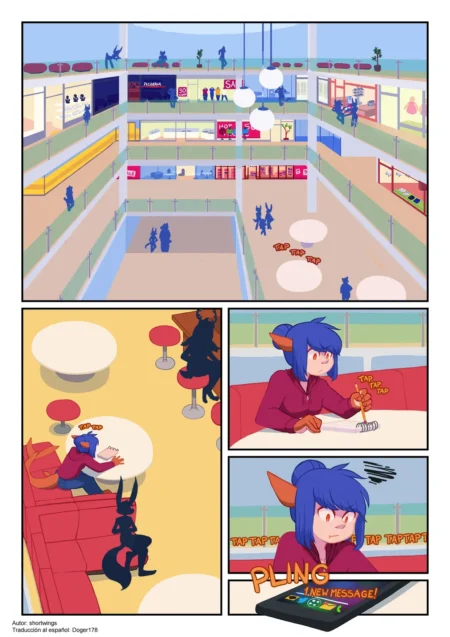 Cómic de D Minus con personajes antropomórficos azules en un centro comercial recibiendo un mensaje sexual en el móvil.