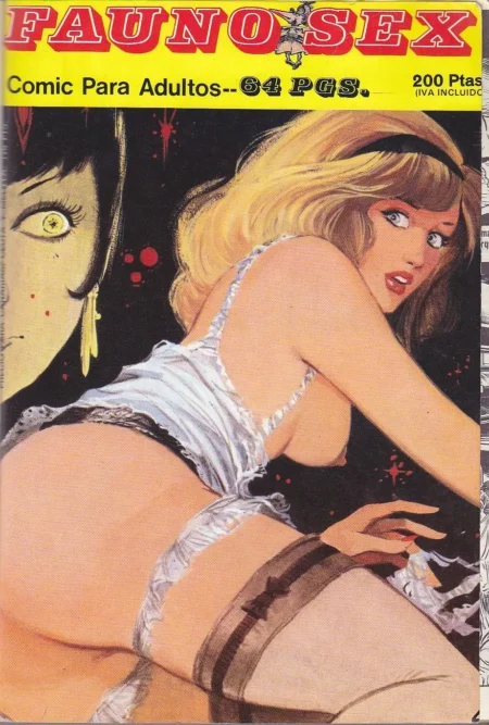 Rubia con lencería blanca y medias negras posando eróticamente con los pechos y glúteos expuestos en cómic adulto.