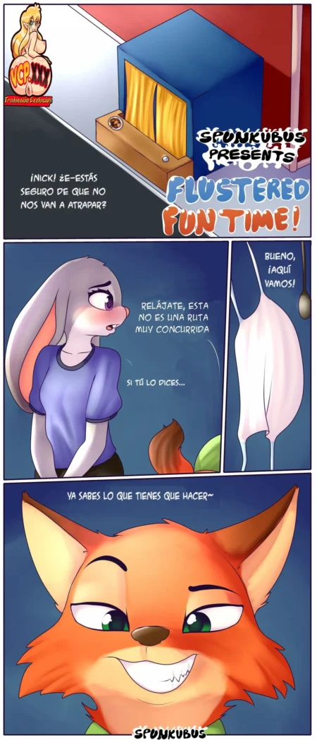 Cómic furry de un zorro y una coneja preparándose para tener sexo en un lugar público.