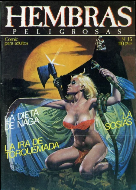 Mujer rubia con bralette y tanga rojos abrazada por una serpiente gigante en la portada de Hembras Peligrosas 15.