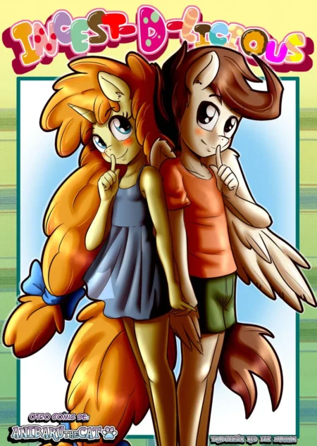 Dos ponis antropomórficos, una yegua pelirroja con vestido corto y un semental castaño, posando juntos con complicidad.