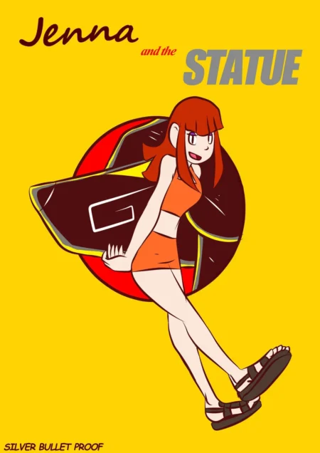 Jenna posa con un conjunto corto naranja ajustado sobre un fondo amarillo con un círculo rojo y negro.